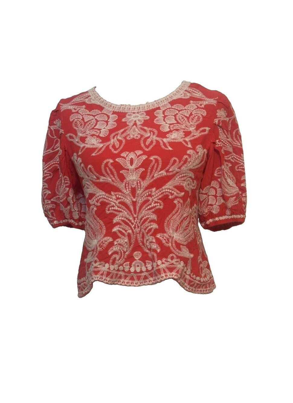 Solitaire Size S Floral Embroidered Scallop Hem Crop Top In Coral Boho Cottage